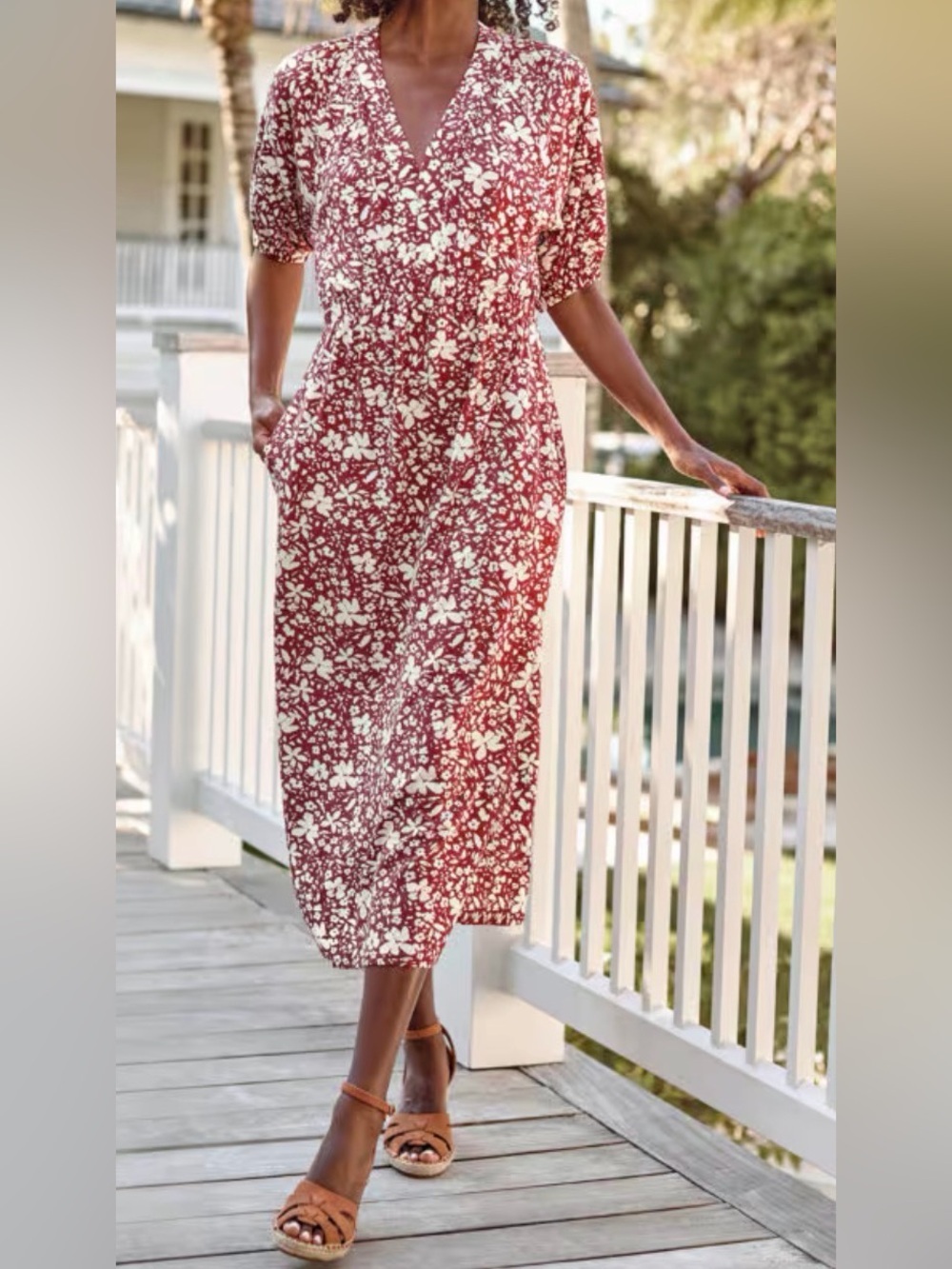 Garnet Hill Deep Berry Floral Juno Knit Midi Dress Size M V Neck 3/4 Sleeve